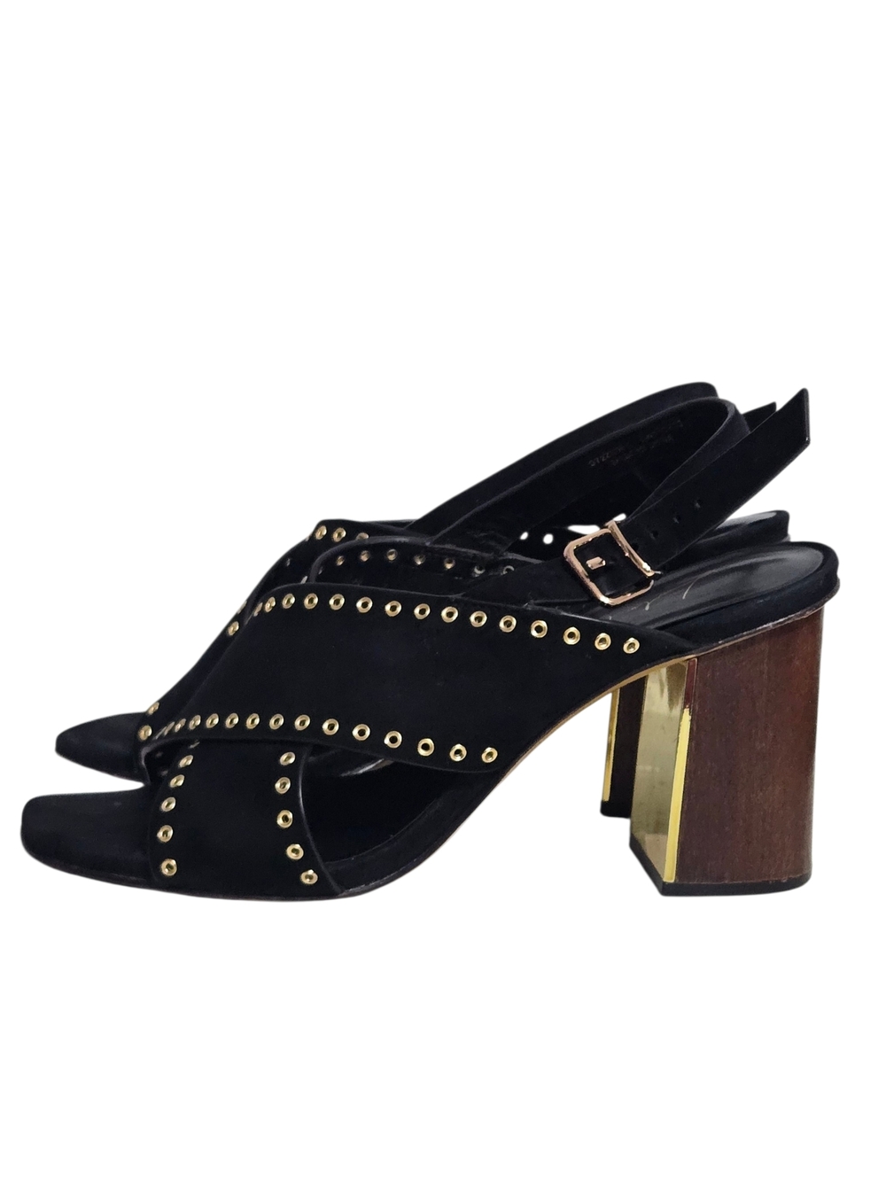 Lola Cruz Black Studded Leather Block Heel Sandals EU 38 Gold Grommet Slingbacks - Picture 3 of 8